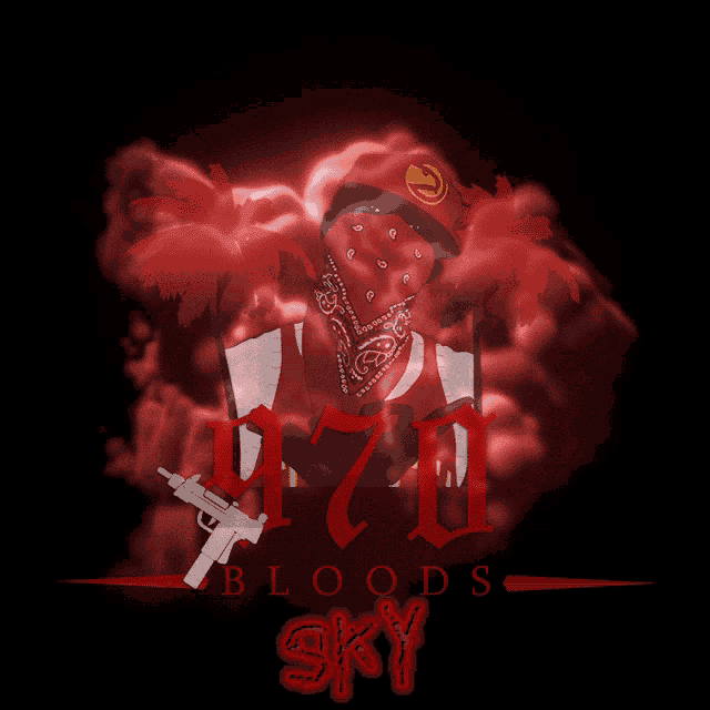 a picture of a man wearing a bandana and a hat with the words bloods sky on it