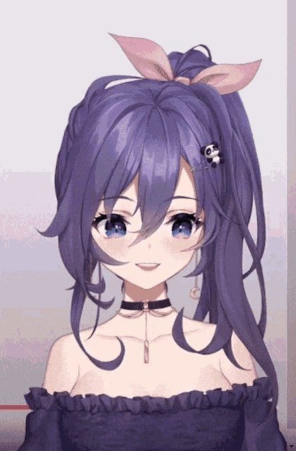 a close up of a girl with purple hair and a panda pin in her hair