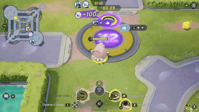 a screenshot of a video game with a purple circle with the number 100 on it