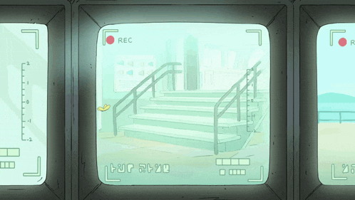 a cartoon screen shows a staircase and the words rec on it