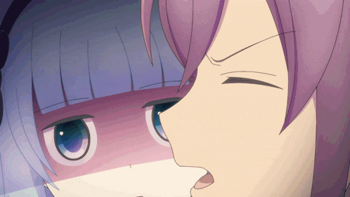 a close up of a girl with purple hair