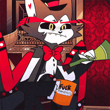a cartoon character is holding a cup that says fuck mondays