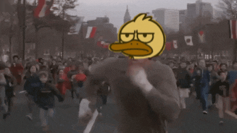 a cartoon of a duck wearing glasses is walking down a street