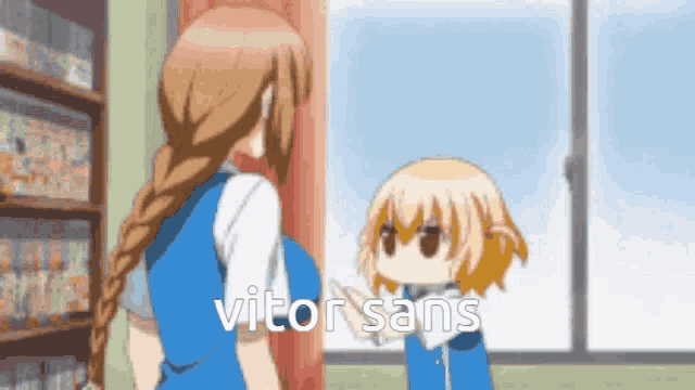 a girl and a boy are standing next to each other and the girl is talking to the boy and says vitor sans