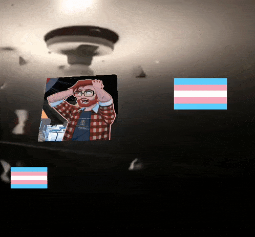 a cartoon of a man with glasses and a plaid shirt with a transgender flag in the background