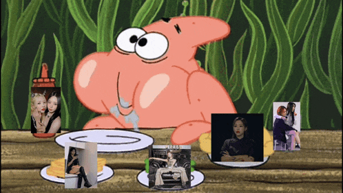 a cartoon of patrick star sitting at a table with pictures of women on plates