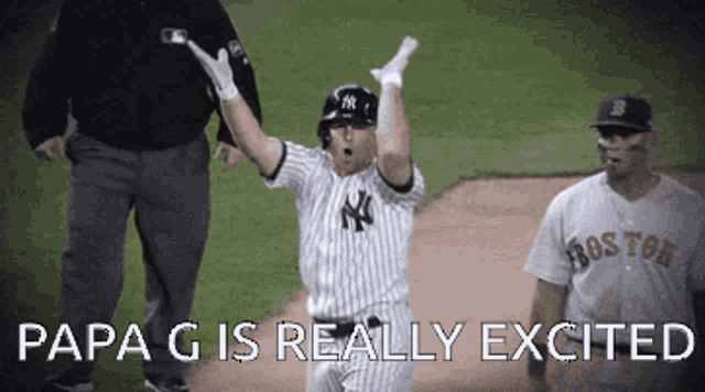 a new york yankees baseball player celebrates a home run with his arms in the air
