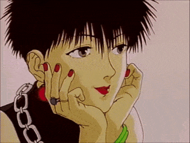 a cartoon of a girl with red nails and a chain around her neck .