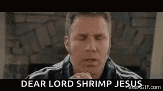 a man is praying with his eyes closed and the words `` dear lord shrimp jesus '' written above him .