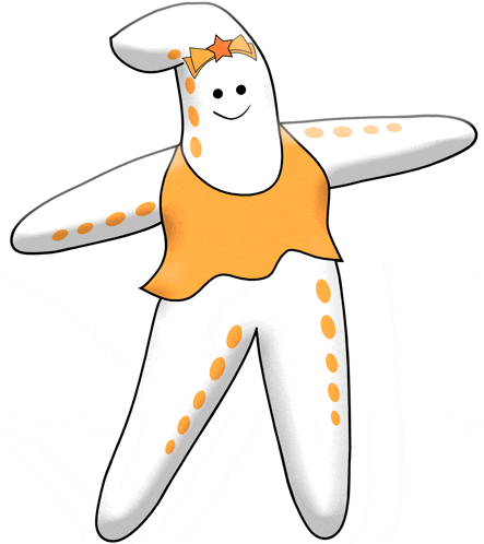 a cartoon drawing of a starfish with orange spots on its arms and legs