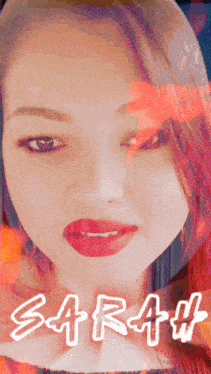 a close up of a woman 's face with the name sarah written in white