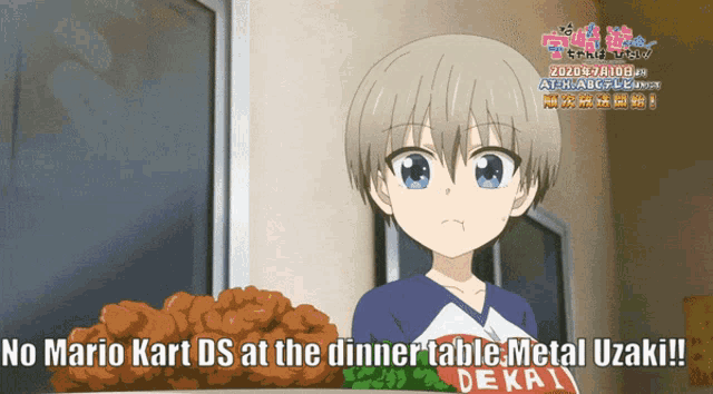 a cartoon of a boy with the words no mario kart ds at the dinner table metal uzaki on the bottom