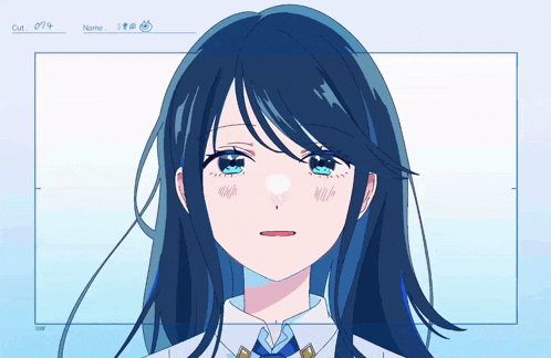 a drawing of a girl with blue hair and a name tag that says 074