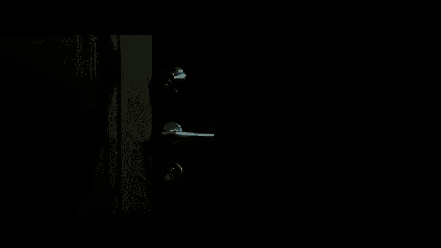 a person is standing in a dark room holding a gun in their hand .