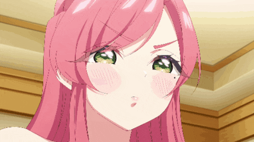 a pink haired anime girl with green eyes