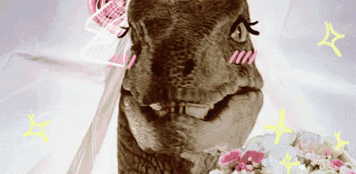 a dinosaur is wearing a wedding dress and holding a bouquet of flowers