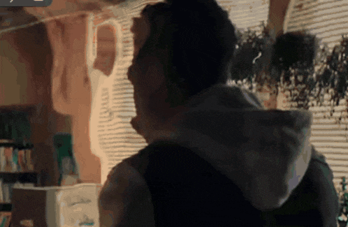 a man in a hoodie stands in front of a window in a room