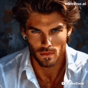 a man with a beard and piercings in his nose is wearing a white shirt .