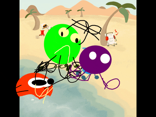 a drawing of a group of cartoon characters on a beach with a purple circle in the middle