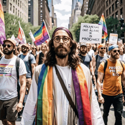 a man in a jesus costume holds a sign that says " prochoice "