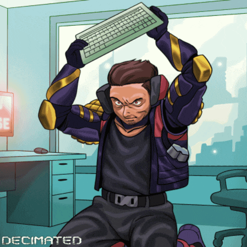 a cartoon of a man holding up a keyboard with the word decimated on the bottom right