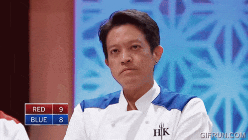 a man in a chef 's uniform with hk on the front