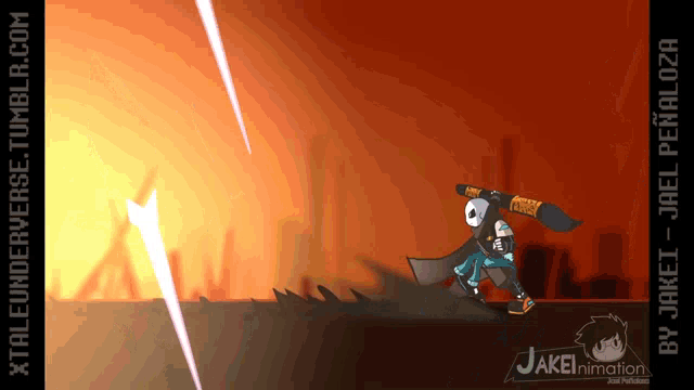 a cartoon of a skeleton holding a sword and the words jakei animation on the bottom