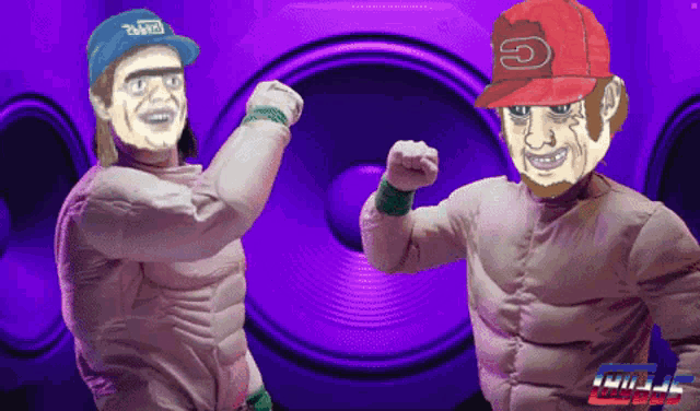 a man in a red hat with the letter g on it stands next to another man