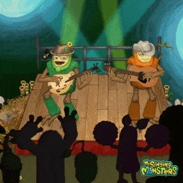 a cartoon of two monsters playing guitars with the words my singing monsters in the bottom right corner