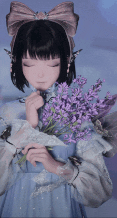 a girl in a blue dress holding purple flowers