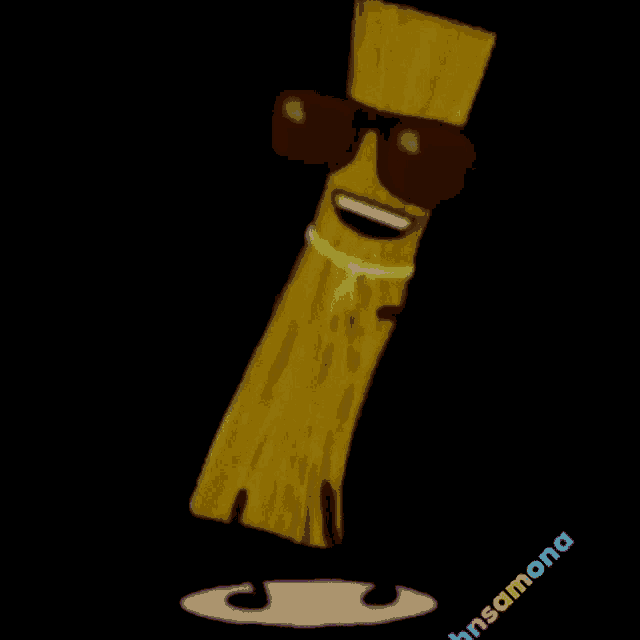 a cartoon drawing of a wooden stick wearing sunglasses and a necklace