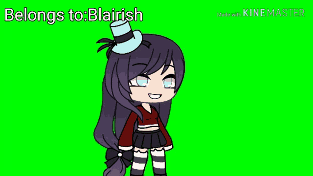 a girl with purple hair and a top hat on her head is wearing a red shirt and black skirt .
