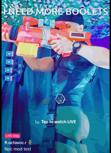 a man holding a toy gun with the words " i need more boolets " on the bottom