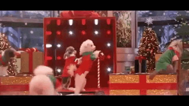 a group of small dogs dressed in christmas costumes are standing on their hind legs