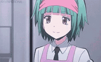a girl with green hair is wearing a pink apron and a tie .