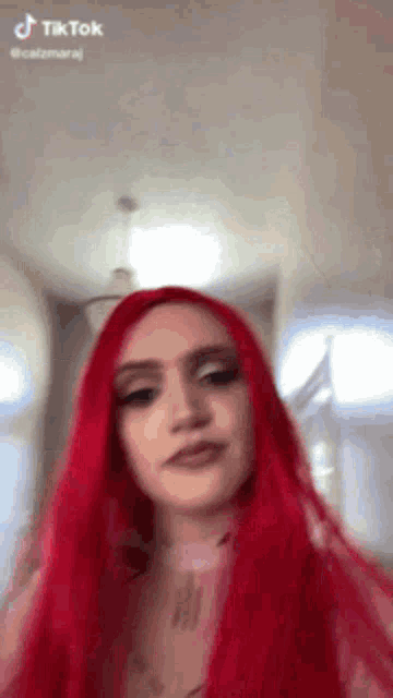 a woman with red hair is looking at the camera .
