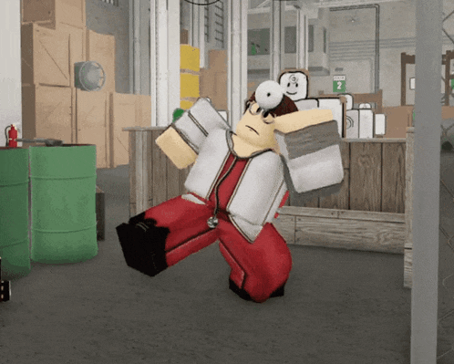 a cartoon character is standing in a room with a sign that says exit 2 on it