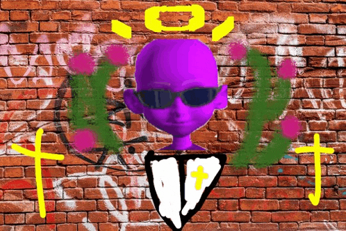 a brick wall with graffiti on it and a purple head