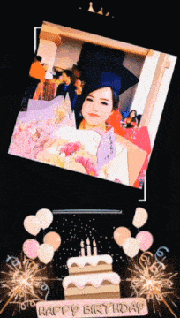 a picture of a woman in a graduation cap and gown is surrounded by balloons and a cake that says happy birthday