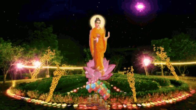 a statue of buddha is surrounded by flowers and lights