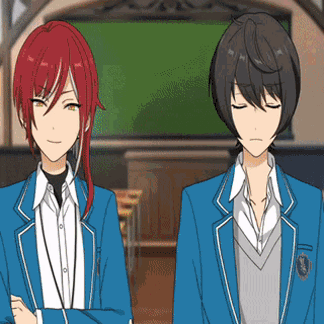 two anime characters are standing next to each other in a classroom with their eyes closed
