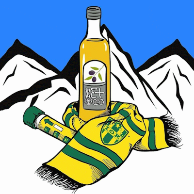 a drawing of a bottle of olive oil and a scarf with the letters lgr on it