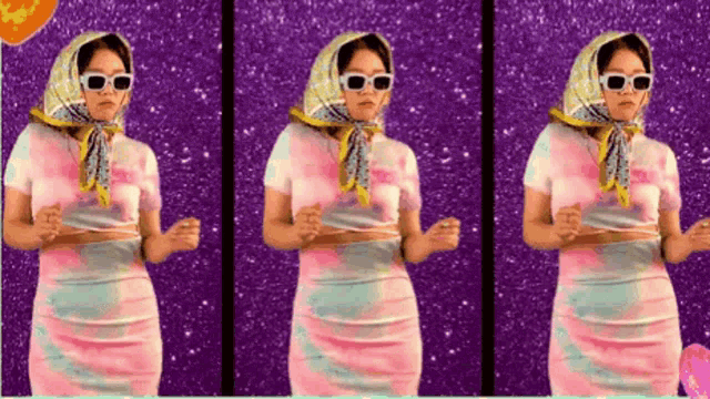 a woman wearing sunglasses and a scarf around her head