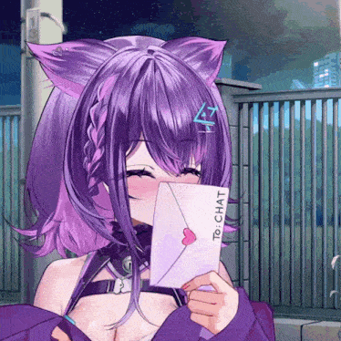 a purple haired anime girl is holding an envelope that says to chat