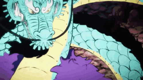 a drawing of a blue dragon with a purple tail