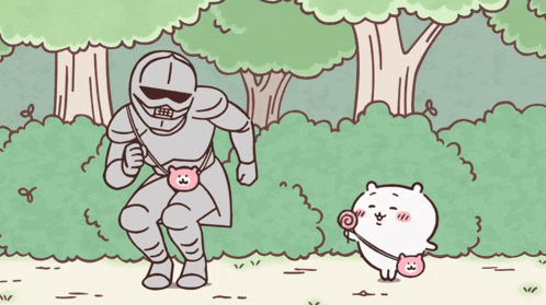 a cartoon drawing of a knight and a cat with a pink purse