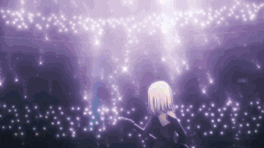 a girl in a black dress is standing in front of a purple background with stars .