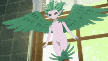 a naked cartoon character with green wings is standing in a window
