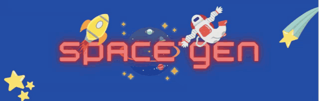 a blue background with the words space gen written in red