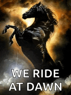 a black horse standing on its hind legs with the words `` we ride at dawn '' written below it .